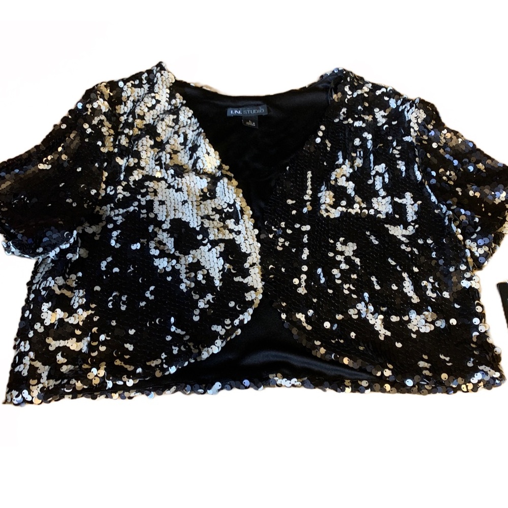 I.N. STUDIO BLACK & CREAM SEQUIN SHORT SLEEVE BOLERO JACKET NWT (L) - Picture 9 of 13